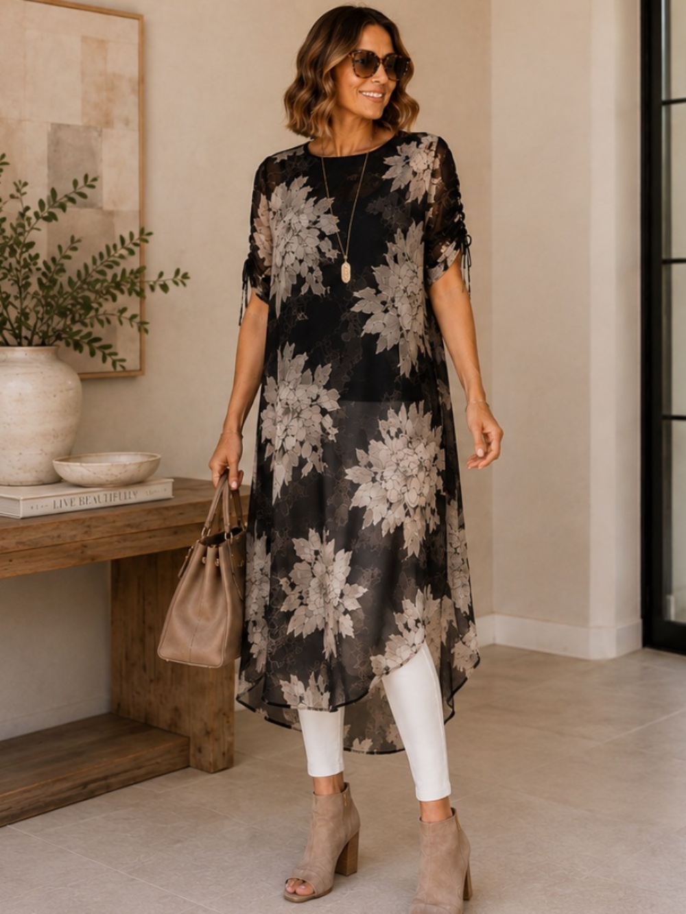 Vince Camuto Black Ivory Floral Sheer Tunic Overlay Asymmetrical Hem Size L NWT